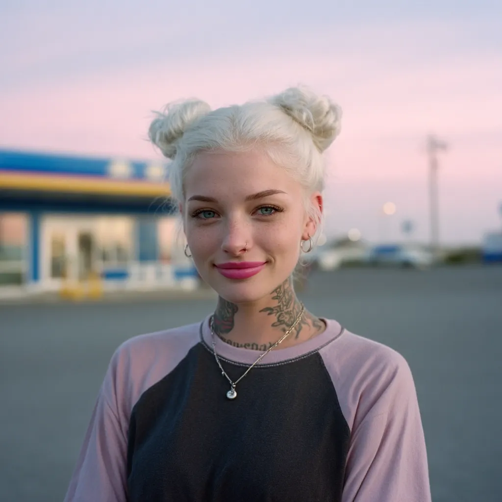 A young woman with platinum blonde hair styled in space buns smiles at the camera.  She has visible tattoos on her neck and wears a pastel pink and grey raglan shirt, a silver necklace, and small hoop earrings.  A blurred gas station is visible in the background.  She has a nose piercing and pink lipstick.