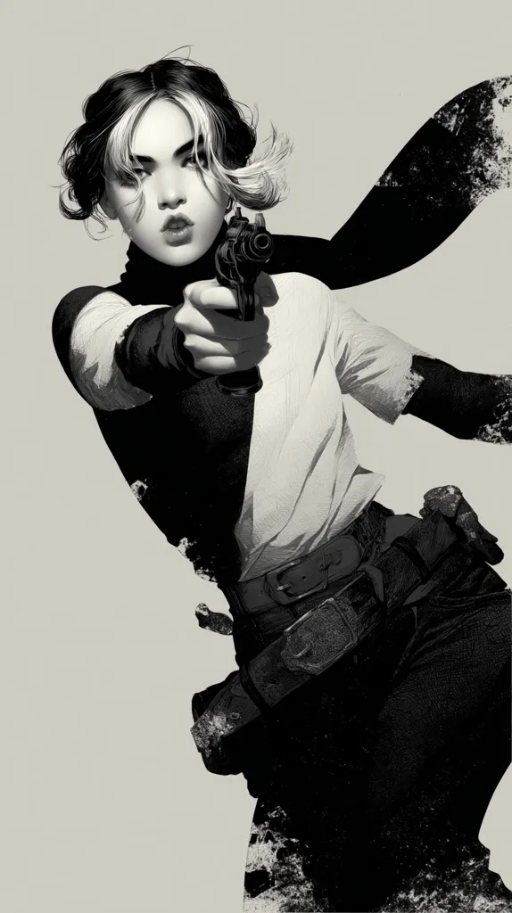 A monochromatic illustration depicts a woman, possibly a rebel, aiming a pistol.  Her short, styled hair frames a determined face. She wears a dark, belted outfit and a scarf draped behind her. The style is gritty and textured, emphasizing the character's fierce expression and readiness for action.  The background is a simple, light grey, drawing focus to the figure.