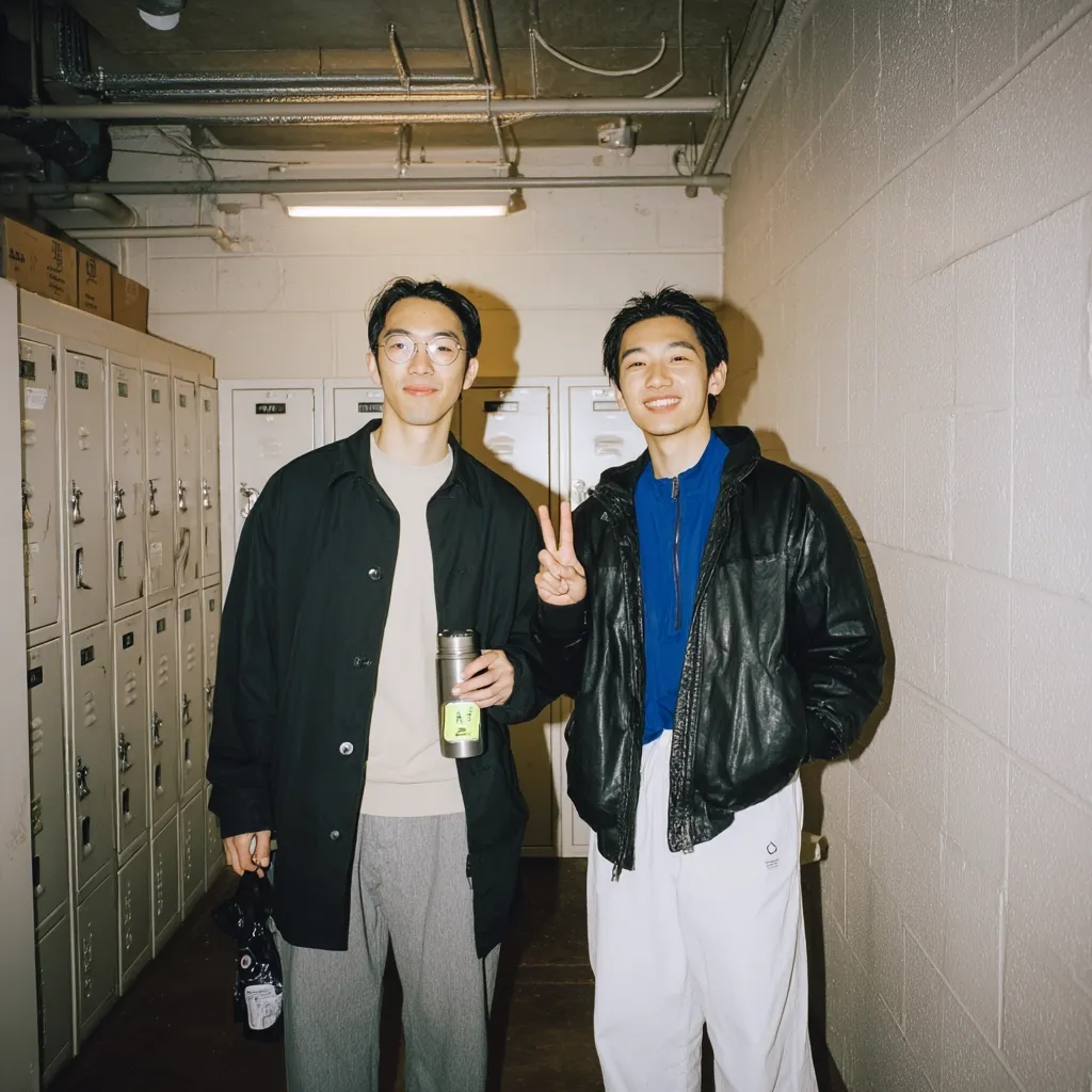 Two young Asian men stand in a hallway lined with lockers.  One, wearing glasses and a dark jacket over a cream sweater and gray pants, holds a thermos. The other, in a black leather jacket and white pants, makes a peace sign.  Both smile at the camera. The setting appears to be a backstage area or school corridor.