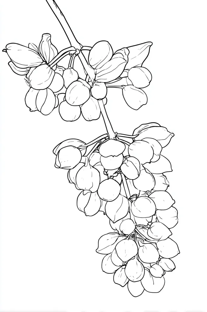 A line drawing depicts a branch laden with clusters of round fruits or berries.  The branch curves gracefully, showcasing multiple bunches of the fruit, each berry meticulously detailed. Leaves are interspersed among the fruit, adding to the botanical accuracy of the illustration. The style is clean and simple, focusing on the form and structure of the plant.