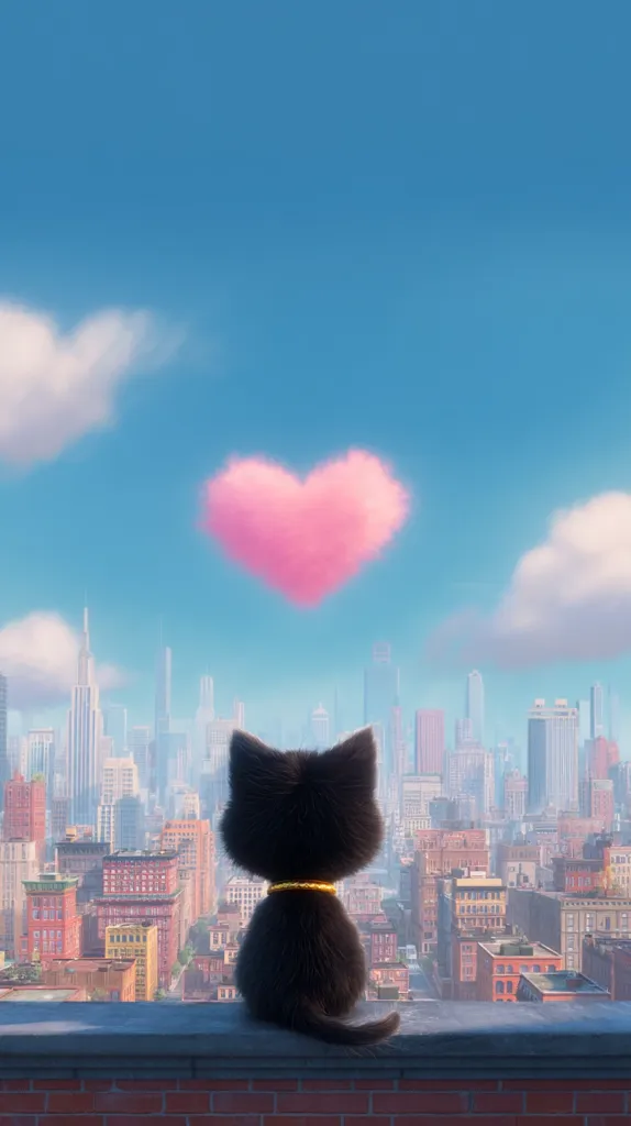 A black kitten with a gold collar sits on a rooftop overlooking a cityscape.  A large, pink heart-shaped cloud floats in the bright blue sky above the city. The scene is peaceful and evokes a sense of longing or contemplation. The kitten appears to be gazing at the heart-shaped cloud.