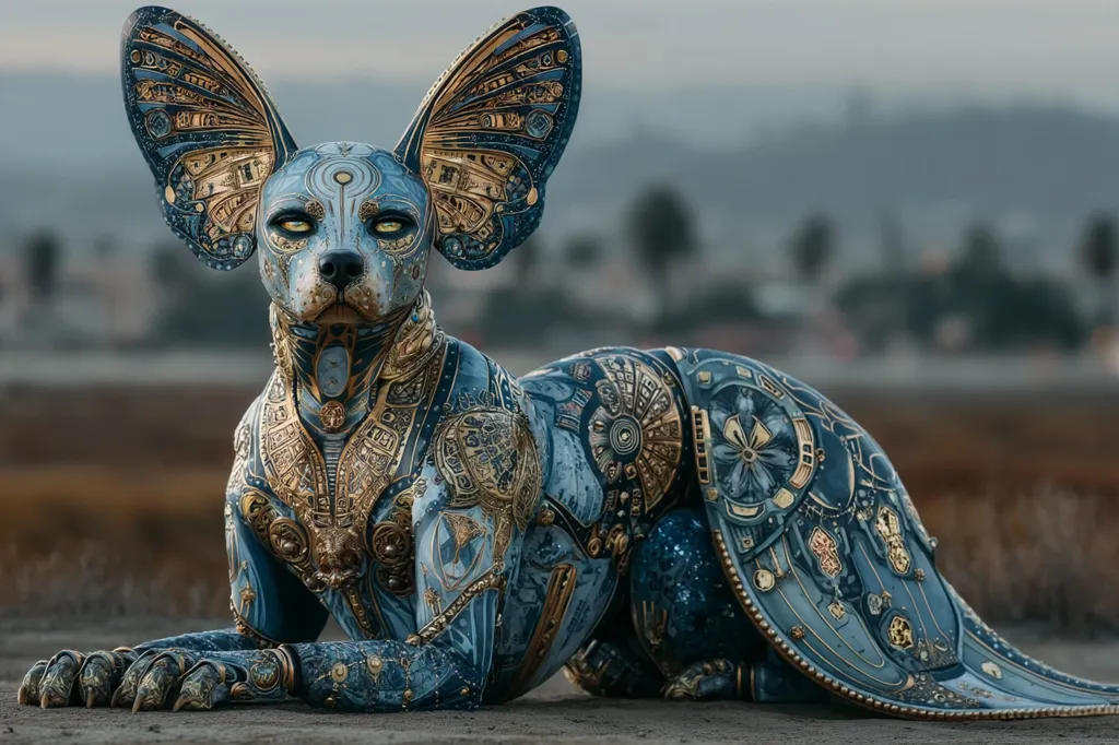A digital rendering depicts a stylized Sphynx cat, intricately adorned with steampunk-inspired clockwork mechanisms and ornate detailing.  Its body is primarily blue, accented with gold, and its large ears are elaborate, resembling butterfly wings. The cat lies on the ground, against a blurred background of a landscape. The image showcases a blend of organic and mechanical elements, creating a striking visual.