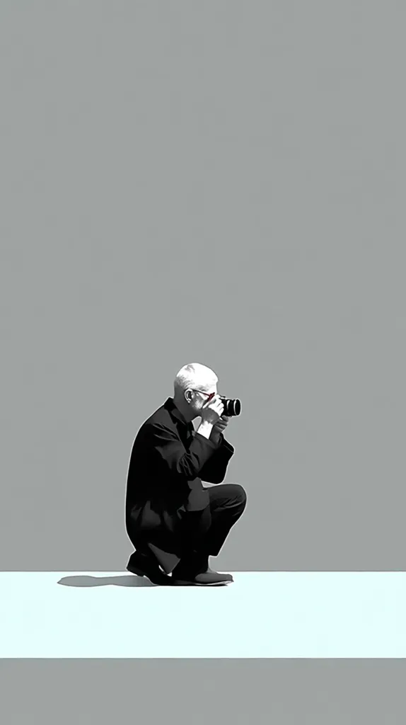 A minimalist image depicts a man in a dark suit crouching, holding a camera to his eye.  He is positioned on a pale blue platform against a muted gray background. The overall monochrome palette emphasizes the subject, creating a stark and sophisticated visual. The scene suggests a moment of focused observation or artistic capture.