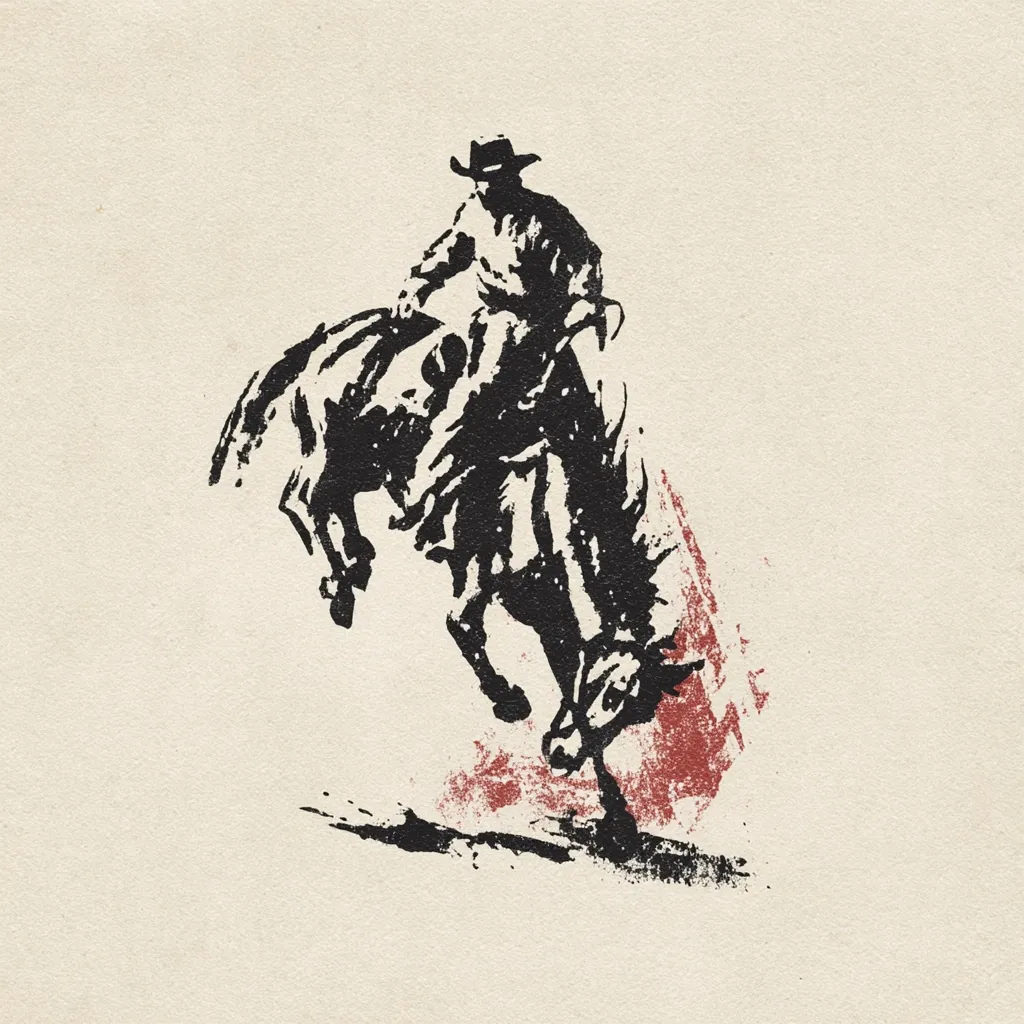 A stylized black and white illustration depicts a cowboy clinging to a bucking bronco. The cowboy, wearing a hat, is rendered in bold lines, contrasted against the dynamic movement of the horse.  A splash of red beneath suggests dust or earth kicked up during the action. The overall style evokes a sense of the American West and rodeo.