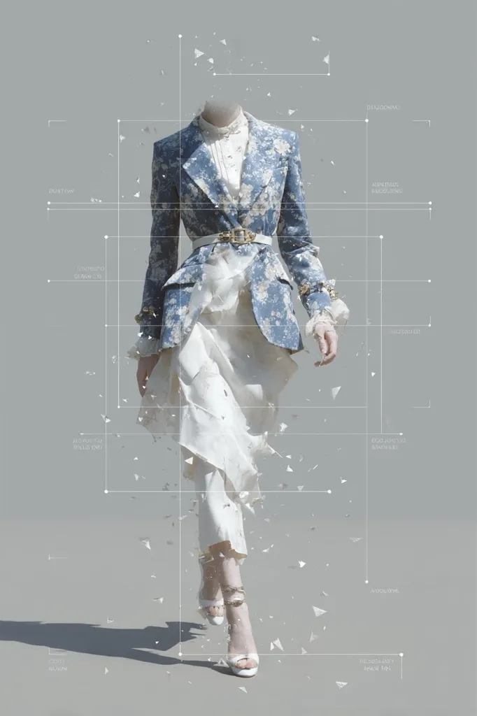 A fashion illustration showcases a mannequin wearing a light blue floral blazer and white pants.  The outfit is overlaid with a grid of design measurements and disintegrating geometric shapes, creating a sense of digital deconstruction. The model's white high-heeled sandals are visible, and the overall aesthetic is clean, modern, and subtly futuristic. The gray background emphasizes the clothing's design details.