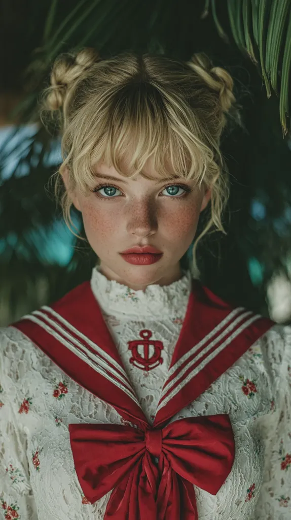 A young woman with blonde hair styled in space buns and bangs gazes directly at the camera.  She has fair skin and freckles, and her eyes are a striking blue.  She wears a white lace blouse with a red sailor collar and a large red bow, creating a charming and slightly whimsical look. The backdrop is blurred, suggesting a lush, green environment.