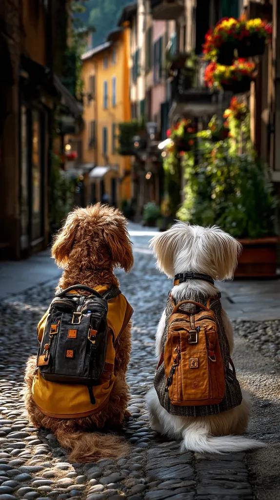 Two adorable dogs, a fluffy brown and a white one, sit on a cobblestone street wearing tiny backpacks.  They are facing away from the camera, seemingly looking down a charming, narrow European street lined with old buildings and flower boxes. The scene evokes a sense of adventure and travel.