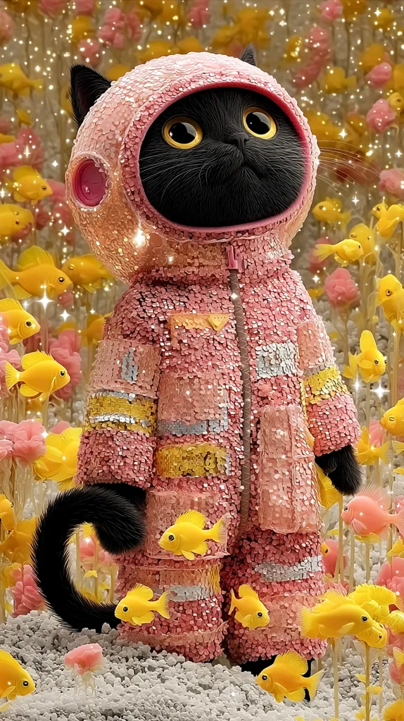 A black cat, adorably dressed in a pink sequined astronaut suit, stands amidst a vibrant underwater scene.  Surrounding the cat are numerous yellow fish swimming amongst pink coral-like structures. The overall image is whimsical and digitally created, with a sparkling, ethereal quality. The contrast between the black cat and the bright pink suit creates a visually striking effect.