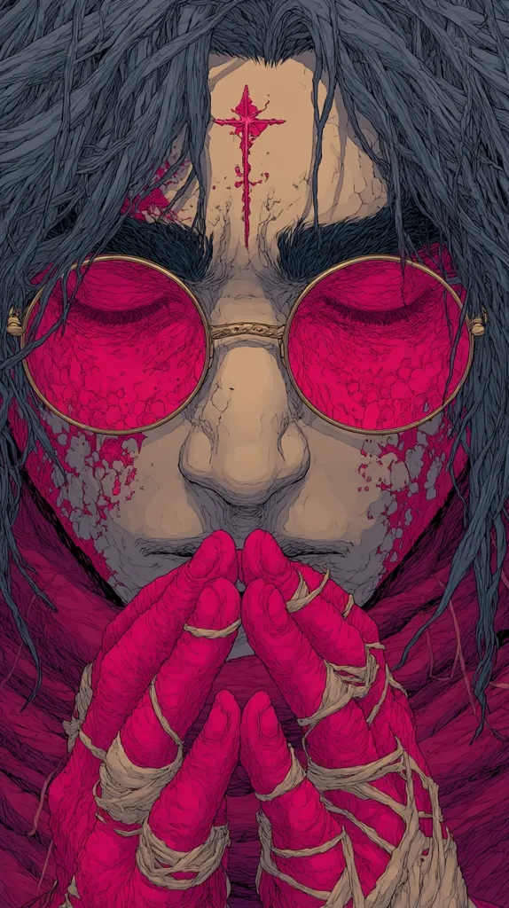 A close-up illustration depicts a person with long, dark hair, pink circular glasses, and a bloody cross on their forehead.  Their hands are clasped together, bound with light tan wrappings, and their face is partially obscured by shadow and blood spatter.  The overall color palette is dark with vibrant pink accents, creating a dramatic and slightly unsettling mood.  The style is detailed and textured, reminiscent of graphic novel art.