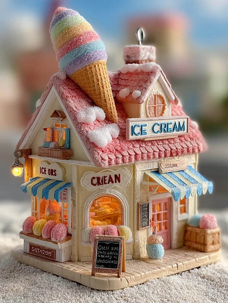 A miniature ice cream shop, crafted with intricate detail, features a whimsical design. A large rainbow ice cream cone sits atop the pink, snow-dusted roof.  The shop's facade displays "Ice Cream" and "Crean," with illuminated windows showcasing colorful treats. Small, decorative elements like signage and baskets of pastel candies add to its charm.  The overall aesthetic is sweet and delightful.