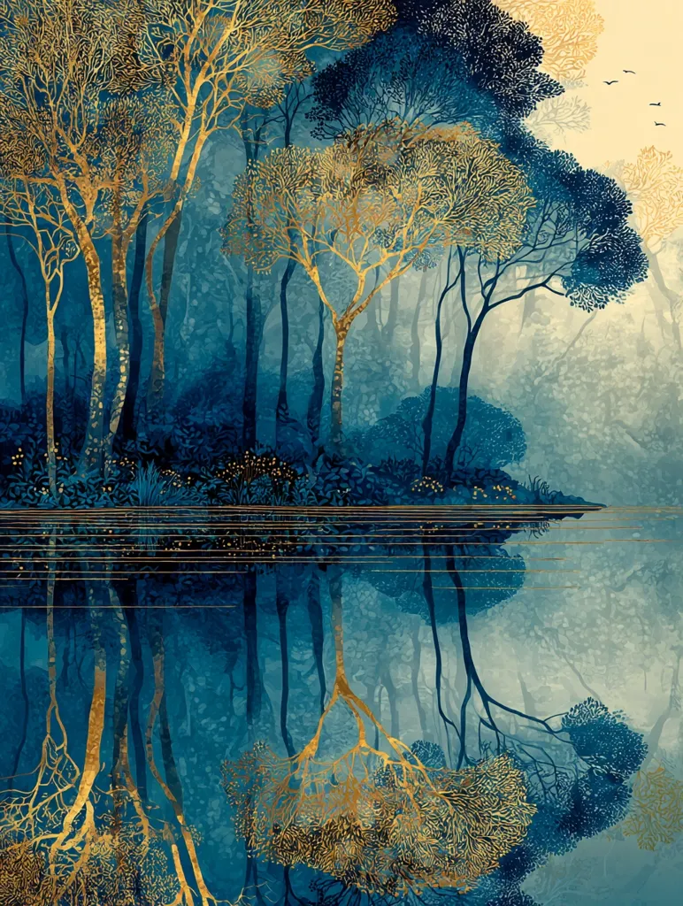A serene landscape painting depicts a misty forest reflected in a calm lake.  The trees, rendered in shades of deep blue and accented with gold, possess intricate, almost ethereal detail.  The reflection is near perfect, creating a symmetrical and dreamlike effect.  A few birds are visible in the pale sky above. The overall mood is peaceful and mystical.