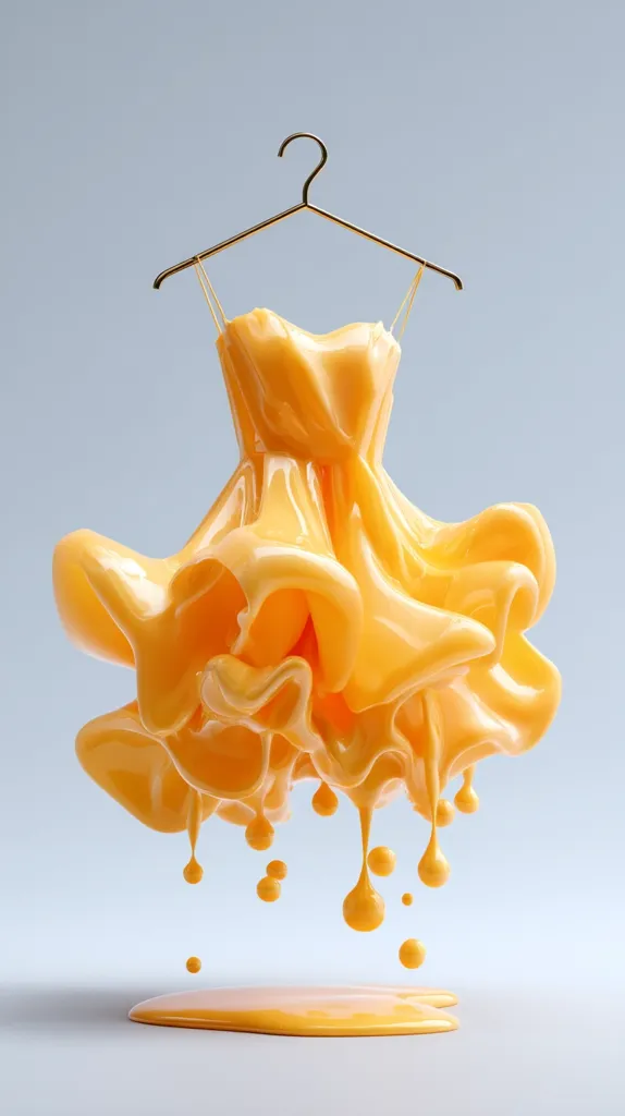 A digital rendering showcases a vibrant yellow dress, seemingly crafted from a liquid substance.  Hanging from a gold hanger, the dress drapes with fluid, melting forms, and several droplets fall onto a pool of the same material below. The overall effect is one of surreal elegance and fluidity, contrasting the rigid structure of the hanger with the liquid form of the garment. The light gray background accentuates the dress's color and texture.