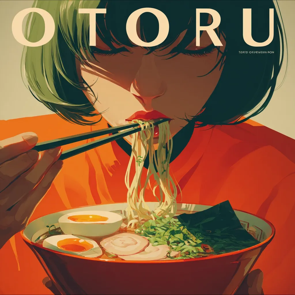 A stylized illustration titled "OTORU" depicts a young woman with short, dark green hair, wearing an orange shirt, intensely focused on eating ramen.  Chopsticks lift strands of noodles to her lips. The ramen bowl is large and red, filled with broth, noodles, a soft boiled egg, and garnishes.  The overall style is vibrant and slightly surreal.