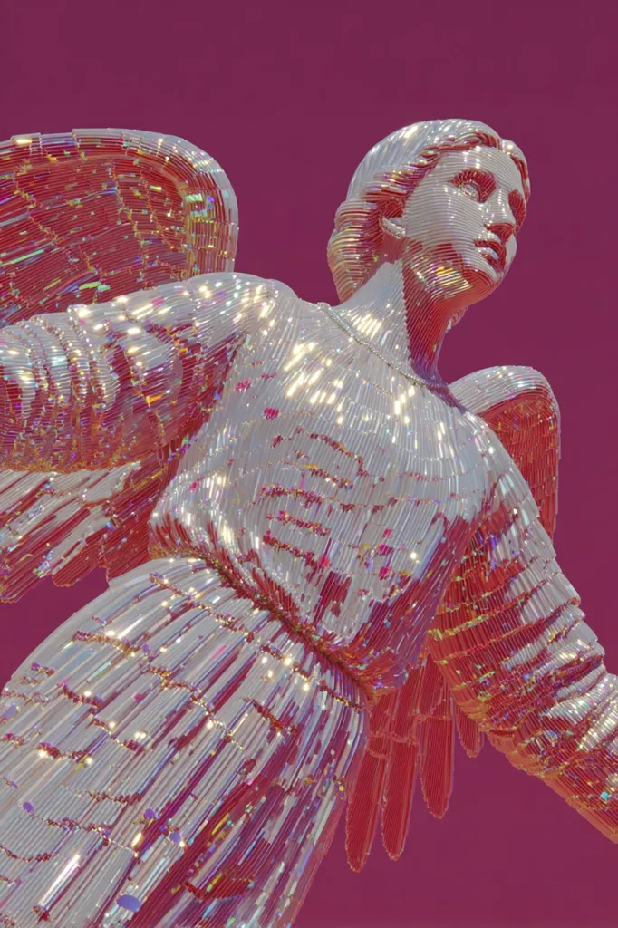 A low-angle close-up shot reveals a shimmering, iridescent angel statue against a deep crimson backdrop.  The angel's form is composed of countless slender, reflective elements, creating a dazzling, almost liquid effect.  Its wings are outstretched, and its face is serene, gazing upward.  The overall impression is one of ethereal beauty and otherworldly elegance.