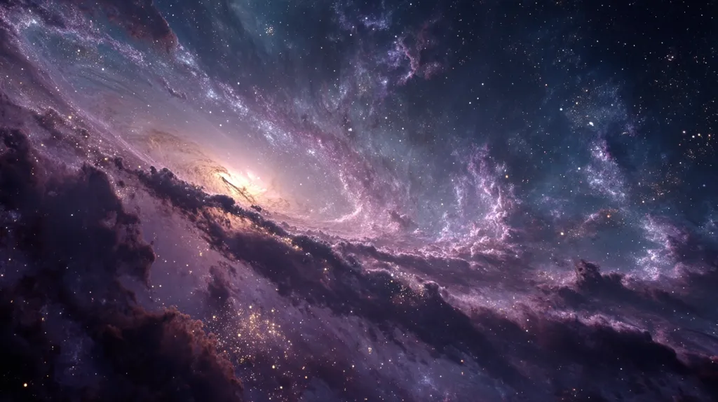 A breathtaking cosmic landscape unfolds, showcasing a swirling nebula in vibrant purples and golds.  Stars densely populate the dark expanse, creating a glittering backdrop.  The nebula's clouds appear to undulate, suggesting movement and immense scale.  A central point of light hints at a star or stellar system within the nebula's heart. The overall impression is one of awe-inspiring beauty and the vastness of space.
