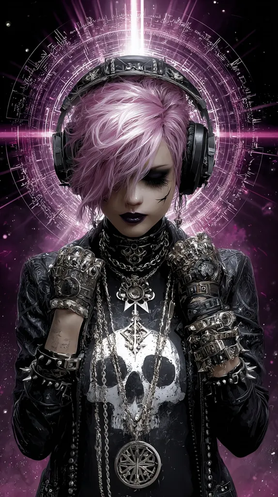 A cyberpunk-styled woman with vibrant pink hair wears large headphones, a skull-emblazoned shirt, and numerous silver chains and studded accessories.  She has dark makeup and a slightly gothic aesthetic.  A glowing, circular, technological design surrounds her head, creating a futuristic and mystical atmosphere against a dark, cosmic backdrop.