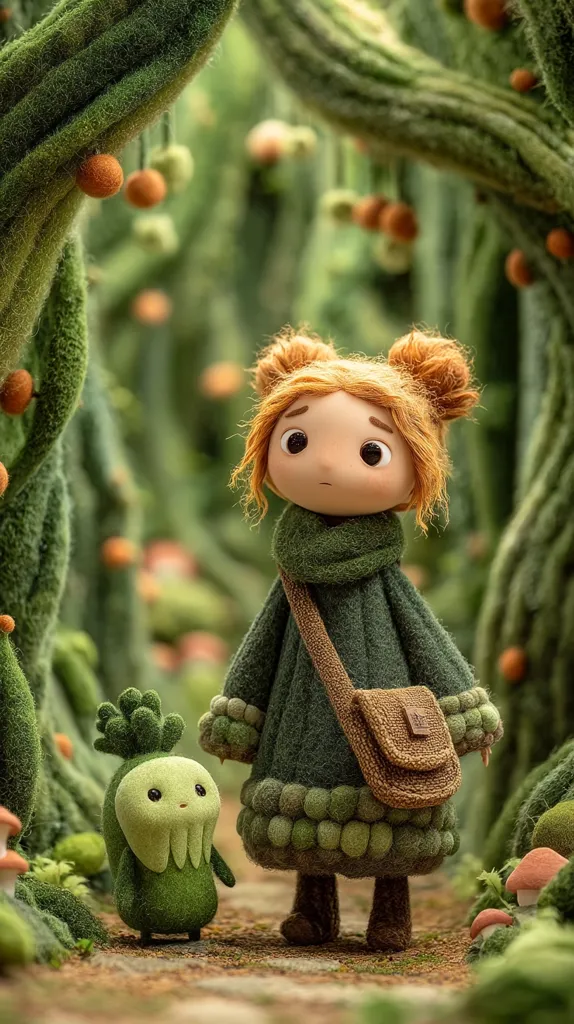 A charming illustration depicts a girl doll, clad in a green knitted dress and carrying a small bag, standing in a whimsical forest.  The forest is filled with textured, green, plant-like structures and small orange fruits.  A small, green creature resembling a plant-person accompanies the girl. The overall aesthetic is soft, whimsical, and slightly melancholic.
