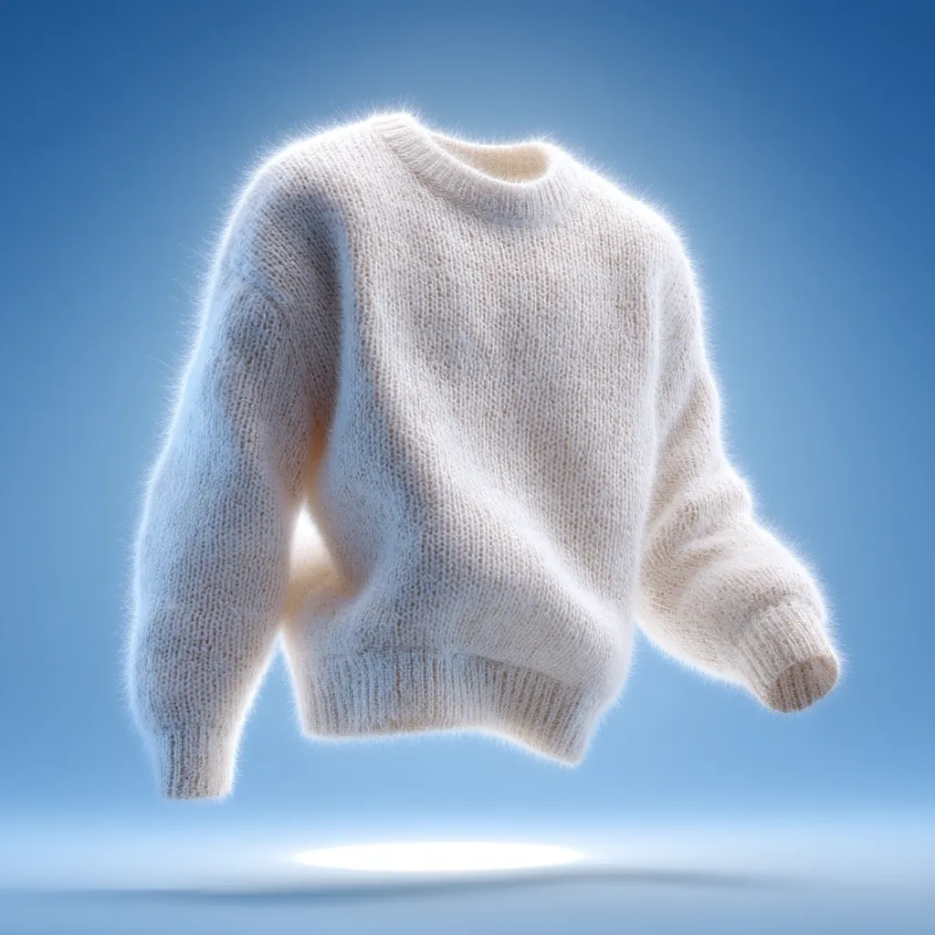 A fluffy, off-white crewneck sweater floats against a pale blue backdrop.  The knit is visibly soft and plush, with a slightly oversized fit. The sweater appears to be made from a light, airy yarn, giving it a cloud-like appearance. The image's lighting emphasizes the texture and softness of the garment.
