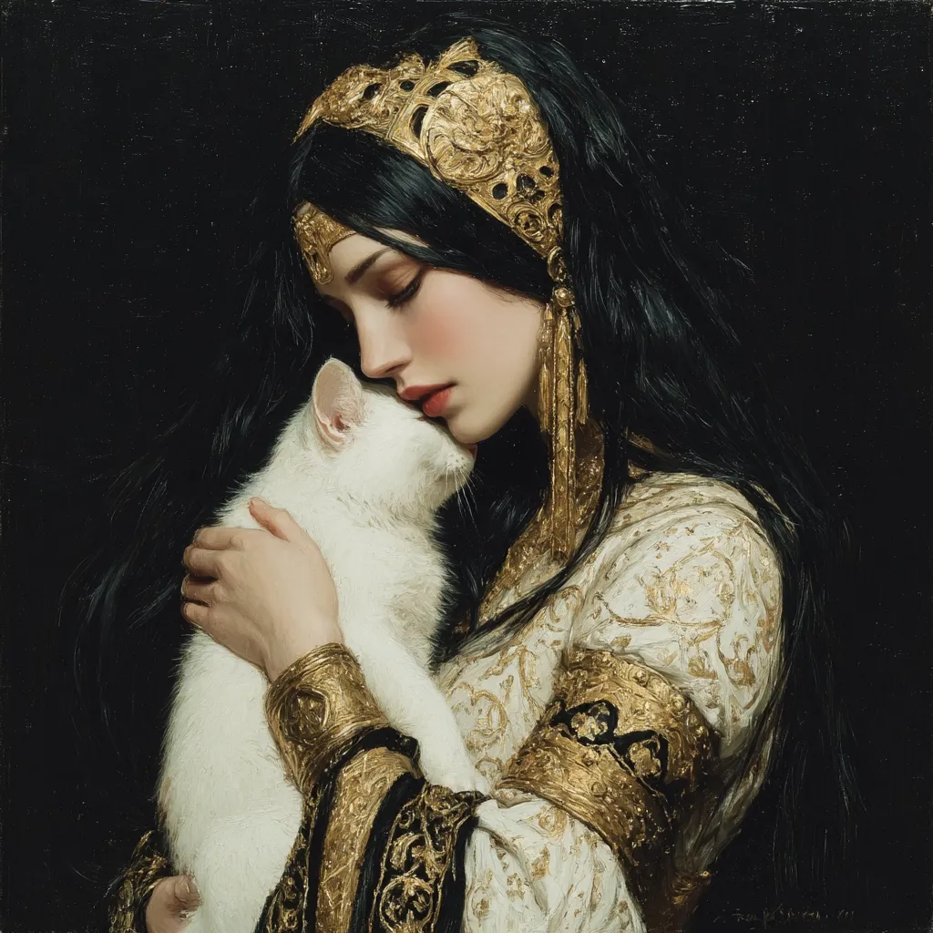 A painting depicts a regal woman with long dark hair adorned with a gold headpiece and elaborate gold cuffs.  She gently cradles a white cat, her face softly touching the animal's head.  The woman's expression is serene and melancholic. The dark background contrasts sharply with the gold accents on her clothing and the white fur of the cat, creating a dramatic and elegant portrait.