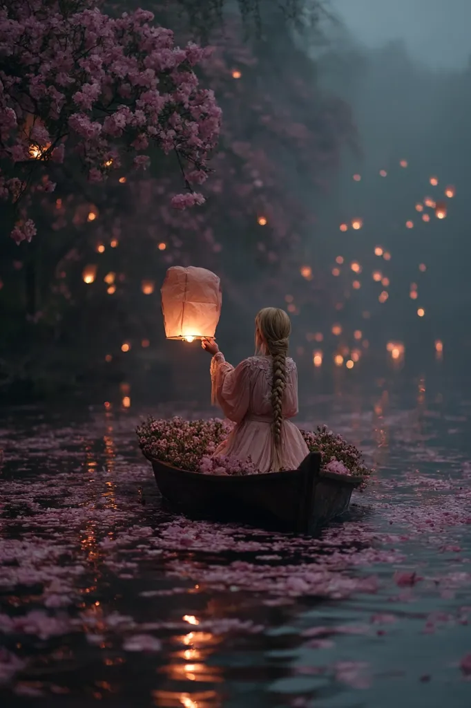 A woman with long blonde braids sits in a small wooden boat adorned with pink blossoms.  She holds a glowing sky lantern, its warm light contrasting with the dusky twilight.  Numerous other lanterns drift in the misty air above a tranquil waterway, scattered with fallen petals.  The scene evokes a sense of magical serenity, a whimsical dreamlike atmosphere under a blooming tree.