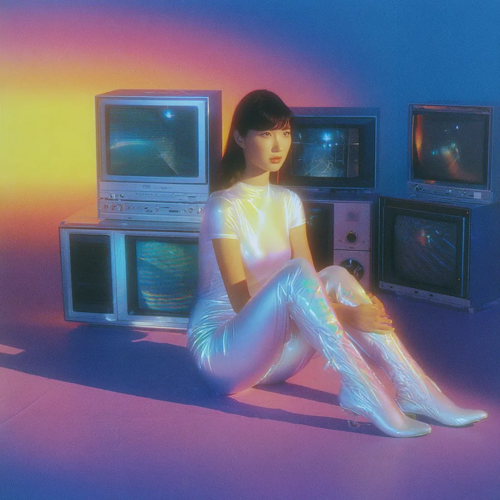 A young woman in a shimmering silver jumpsuit and matching thigh-high boots sits amidst a collection of vintage televisions.  The room is bathed in a vibrant, nostalgic, neon-hued light, creating a retro-futuristic atmosphere. The screens display static and blurry images, adding to the dreamlike quality of the scene.  Her expression is pensive, gazing off into the distance.
