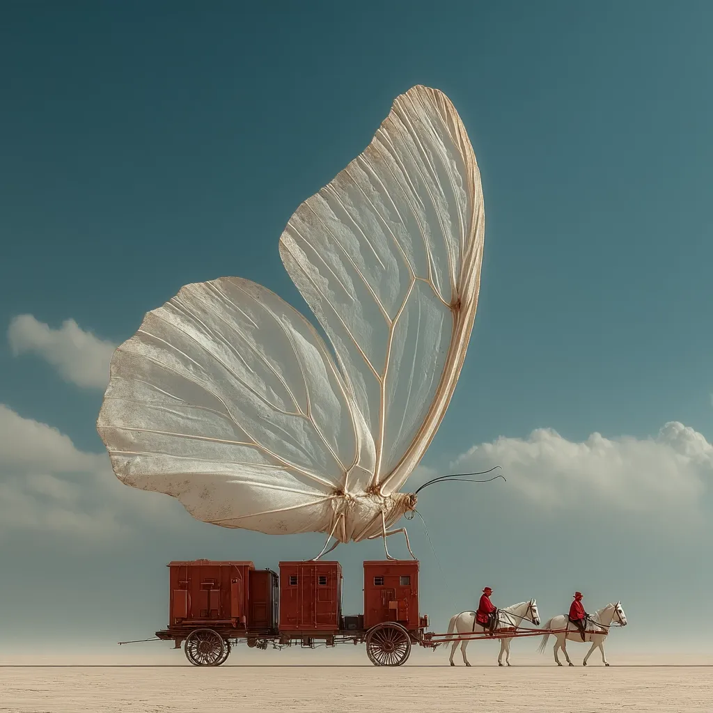 A giant, translucent butterfly stands atop a horse-drawn carriage carrying three boxcars across a desolate, sandy plain under a bright blue sky. Two riders in red jackets sit atop the horses, adding a surreal touch to the scene. The image juxtaposes the delicate beauty of the butterfly with the ruggedness of the landscape and the vintage carriage, creating a dreamlike, whimsical atmosphere.