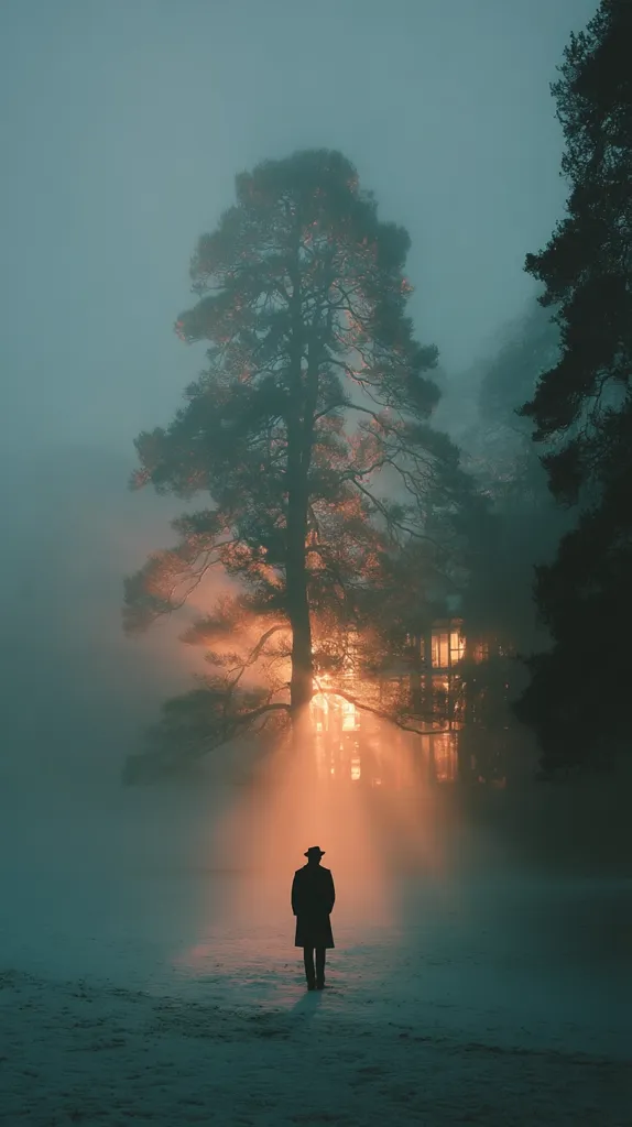 A lone figure in a long coat and hat stands in a snowy landscape, silhouetted against a warm light emanating from a house partially obscured by a large tree and fog.  The scene is atmospheric and evokes a sense of mystery and solitude, with the muted colors and soft light contributing to the overall mood. The fog adds depth and enhances the feeling of isolation.