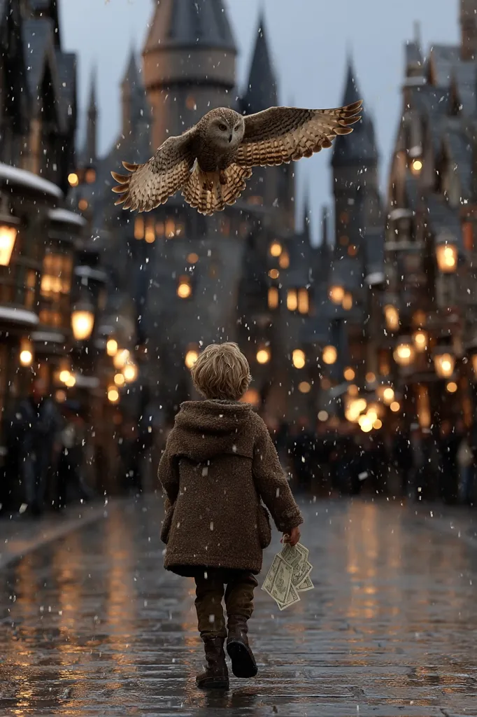 A young child in a brown coat walks away from the camera down a snowy cobblestone street, illuminated by warm streetlights.  A large owl flies overhead against a backdrop of a fairytale-like castle.  Snowflakes fall gently, creating a magical, atmospheric scene. The child holds some money in their hand.