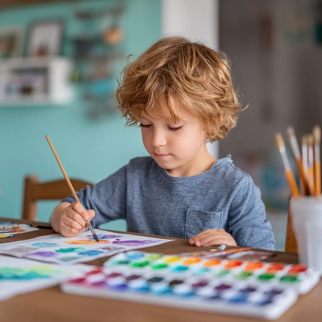 A young boy with curly blond hair sits at a wooden table, intently painting with watercolors. He holds a paintbrush delicately, focused on his artwork.  A vibrant watercolor palette sits before him, offering a spectrum of colors. The setting appears to be a home, suggesting a child's creative playtime.  His concentration is evident in his posture and expression.