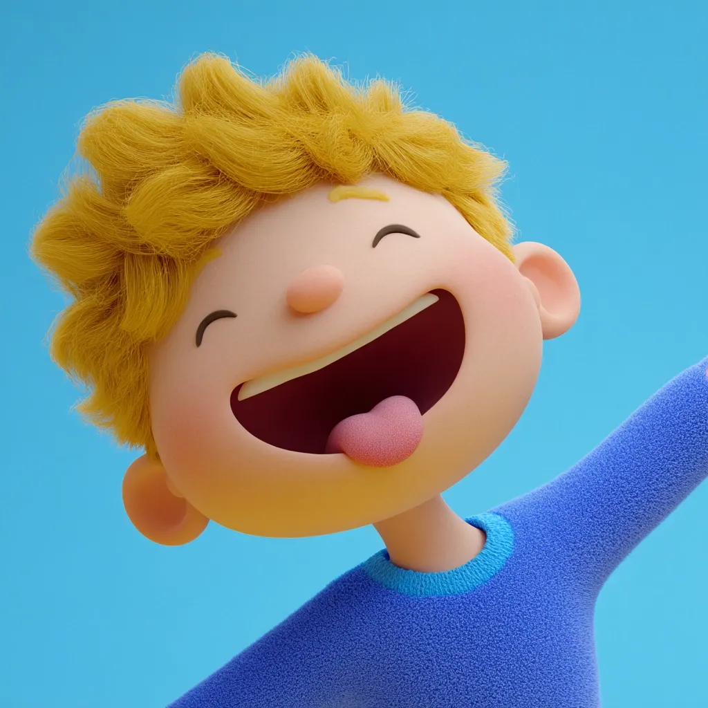 A cheerful, 3D-rendered cartoon boy with blond hair beams, his tongue playfully sticking out.  He's wearing a blue sweater and his expression is one of pure, unadulterated joy.  The bright blue background accentuates his bright and happy demeanor. The image is playful and evokes a feeling of childhood innocence.