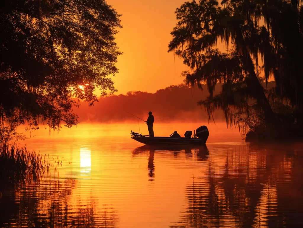 A lone fisherman silhouetted against a vibrant sunrise casts his line from a small boat on a calm lake.  The water reflects the fiery orange hues of the dawn sky.  Overhanging trees and Spanish moss create a tranquil, atmospheric scene, suggesting a peaceful and solitary fishing experience in a natural setting.