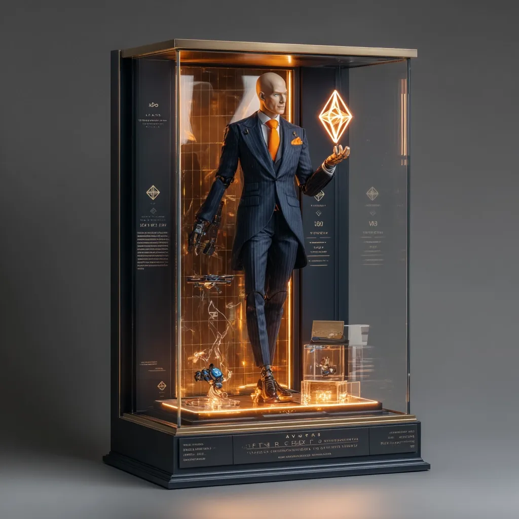 A meticulously crafted display case showcases a bald, stylishly dressed male figure in a dark suit and orange tie.  The figure appears partially robotic, with a mechanical arm visible.  He holds a glowing, geometric crystal.  The case's interior is illuminated with warm lighting, highlighting smaller technological components and plaques with indecipherable text.  The overall aesthetic is sleek, modern, and futuristic.