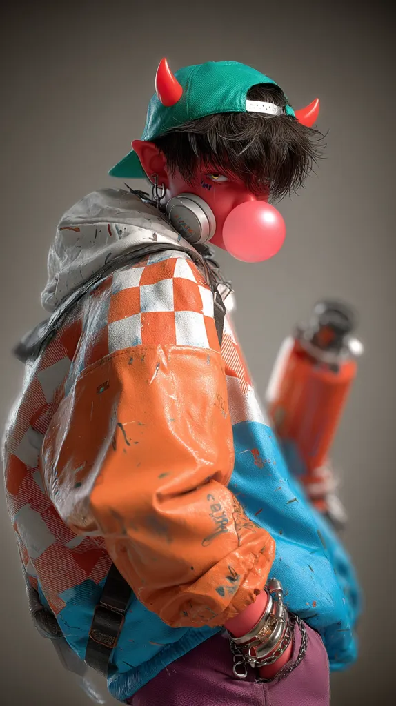 A 3D-rendered image depicts a stylized character, seemingly a young person with red skin and devil horns, wearing a vibrant orange and teal jacket.  The jacket features a checkered pattern and paint splatters. The character is seen from behind, chewing bubblegum, and wearing a green baseball cap and numerous bracelets.  A futuristic or stylized weapon is partially visible in their hand. The overall aesthetic is a blend of streetwear and fantasy.