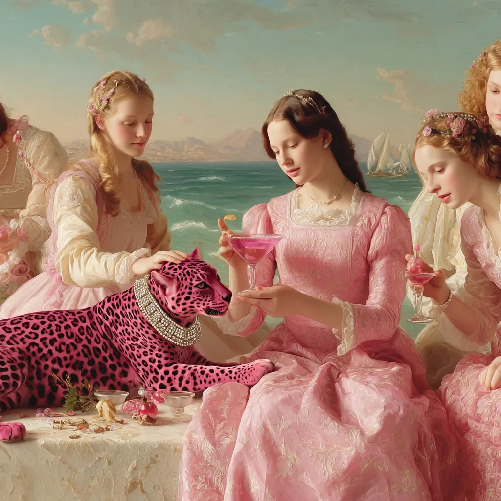 A group of elegantly dressed women in pink gowns enjoy an outdoor gathering by the sea.  A vibrant pink jaguar, adorned with a diamond necklace, rests calmly amongst them.  The women hold pink cocktails, creating a visually striking scene of surreal elegance and luxury. The background depicts a serene seascape with sailboats.