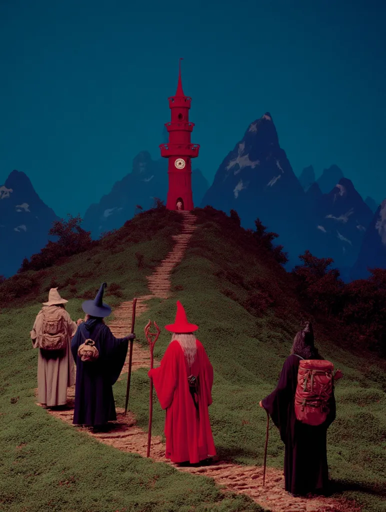 Four wizards, clad in flowing robes and carrying staffs and backpacks, ascend a winding path towards a striking red clock tower perched atop a verdant hill.  The tower stands against a backdrop of majestic, snow-capped mountains under a deep twilight sky.  The scene evokes a sense of mystical journey and impending adventure.