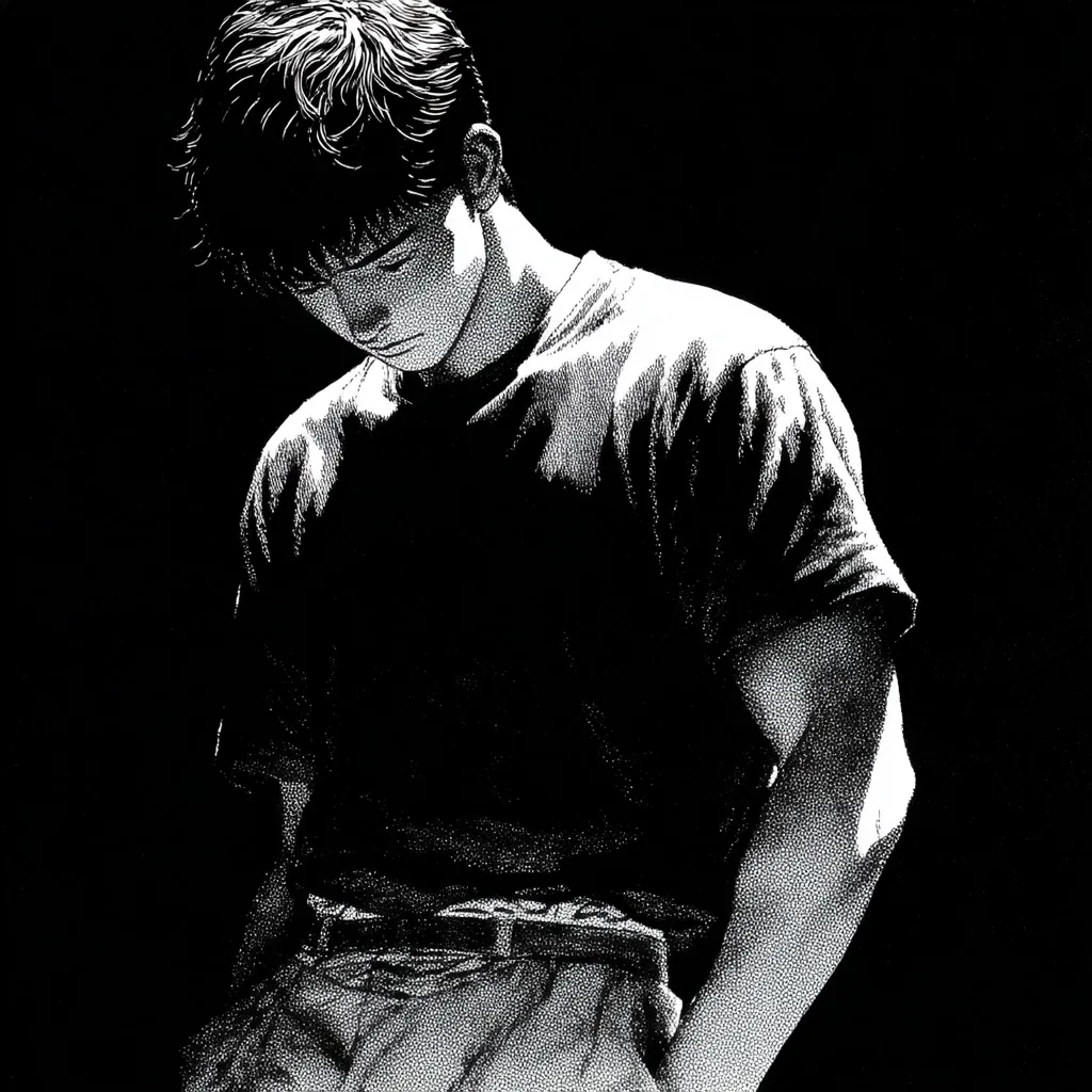 A monochromatic illustration depicts a young man with short, dark hair, slightly hunched over. He's wearing a simple, dark t-shirt and pants, his hands tucked into his pockets.  The style is reminiscent of manga, with strong contrasts between light and shadow creating a somber mood. The figure is isolated against a stark black background, enhancing the sense of loneliness or contemplation.  The detailed shading suggests a pensive or melancholic expression on his face.