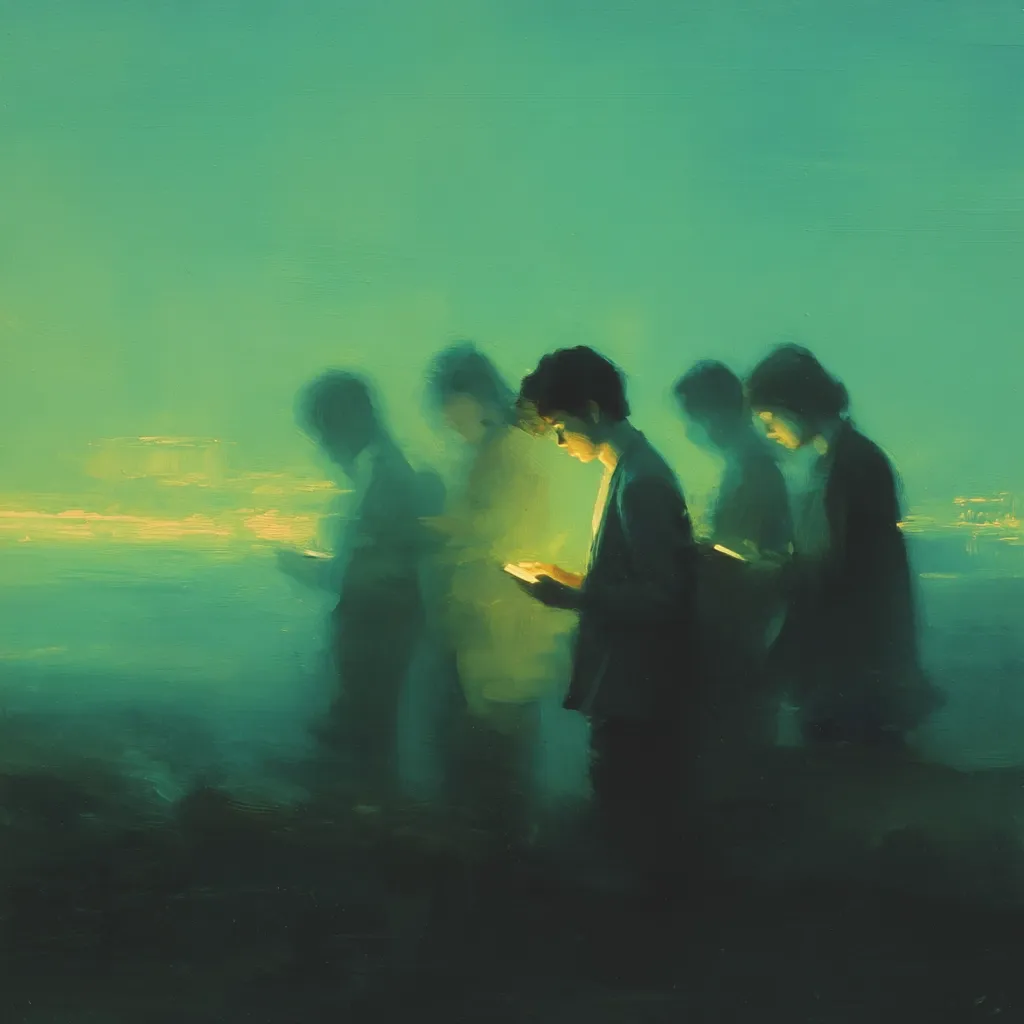 A stylized painting depicts several figures silhouetted against a teal-green background, possibly at dusk or night.  The central figure, sharply focused, holds a glowing device, possibly a phone or tablet, while the others, blurred and indistinct, seem similarly engaged. The overall mood is serene yet slightly melancholic, suggesting isolation within a crowd.  The soft, hazy light adds to the atmospheric quality of the scene.