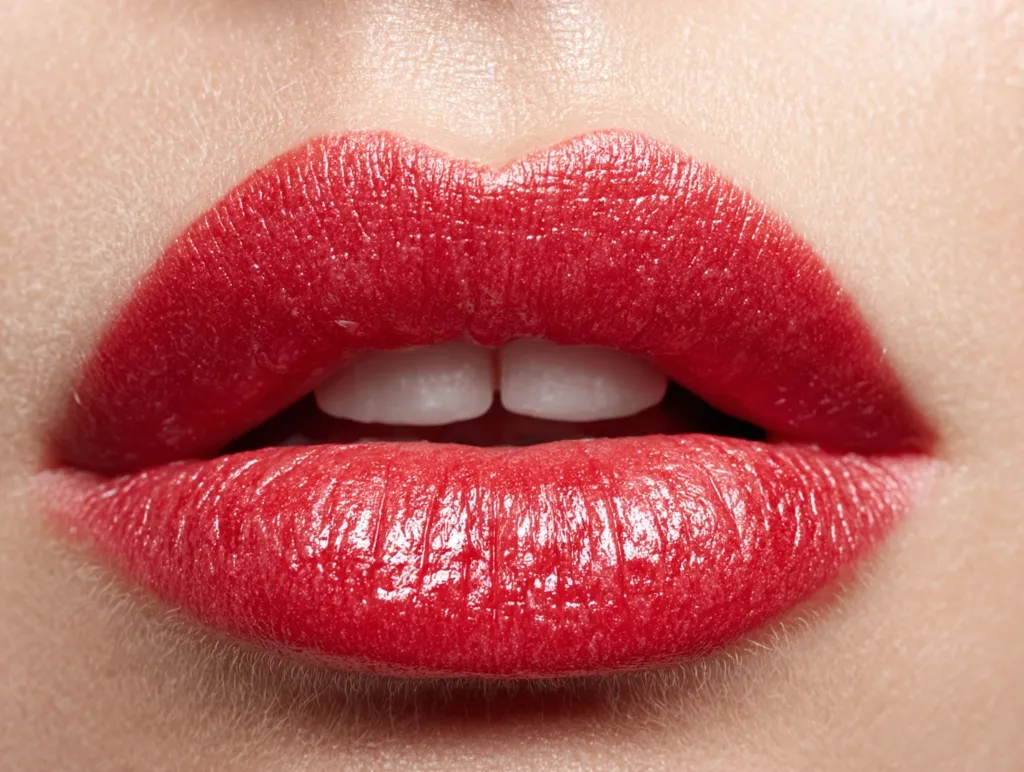A close-up shot reveals a pair of full lips, adorned with a vibrant red lipstick.  The lipstick has a glossy finish, reflecting light. The lips are slightly parted, showcasing a glimpse of bright white teeth. The surrounding skin is smooth and fair, providing a striking contrast to the bold lip color. The image is a highly detailed macro photograph focusing on the texture and color of the lips.