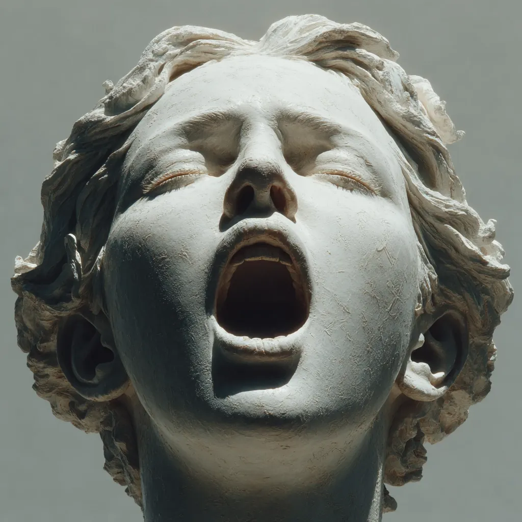 A close-up view of a meticulously sculpted bust depicts a young woman's head, her mouth open in a dramatic cry.  The off-white marble-like material contrasts sharply against the gray background.  The detailed rendering of hair, skin texture, and facial features conveys intense emotion. Light highlights and shadows accentuate the form, creating a powerful and expressive image.