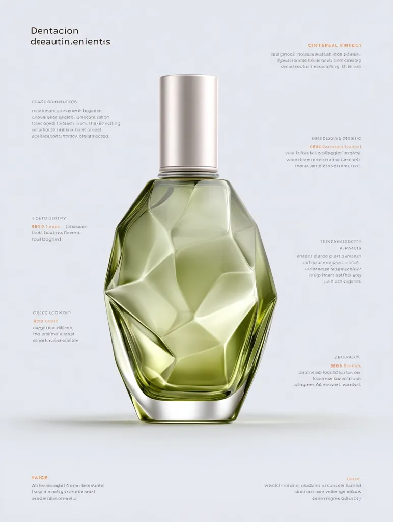 A perfume bottle with a multifaceted, faceted glass design is presented.  The bottle is a pale olive green, filled with a matching liquid.  Surrounding text, in a variety of languages, describes the perfume's scent profile and alludes to its sophisticated, mysterious nature.  The overall aesthetic is luxurious and minimalist.
