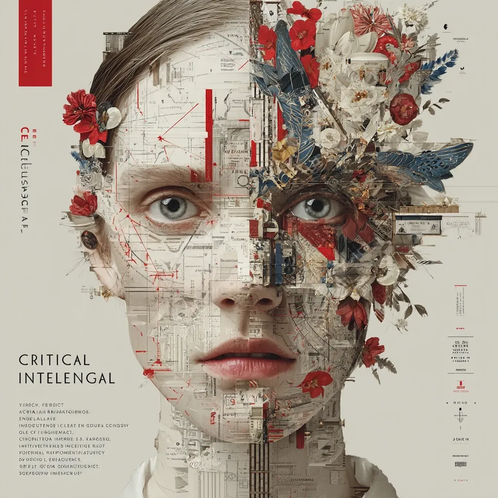 A captivating collage depicts a woman's face, meticulously constructed from fragmented blueprints, maps, and floral elements.  The left side showcases technical drawings, while the right features vibrant blooms.  The title "Critical Intelengal" suggests a theme of intellectual scrutiny and perhaps a blend of rational and emotional aspects, mirrored in the artwork's juxtaposition of technical and organic forms.  The overall aesthetic is both intricate and intriguing.