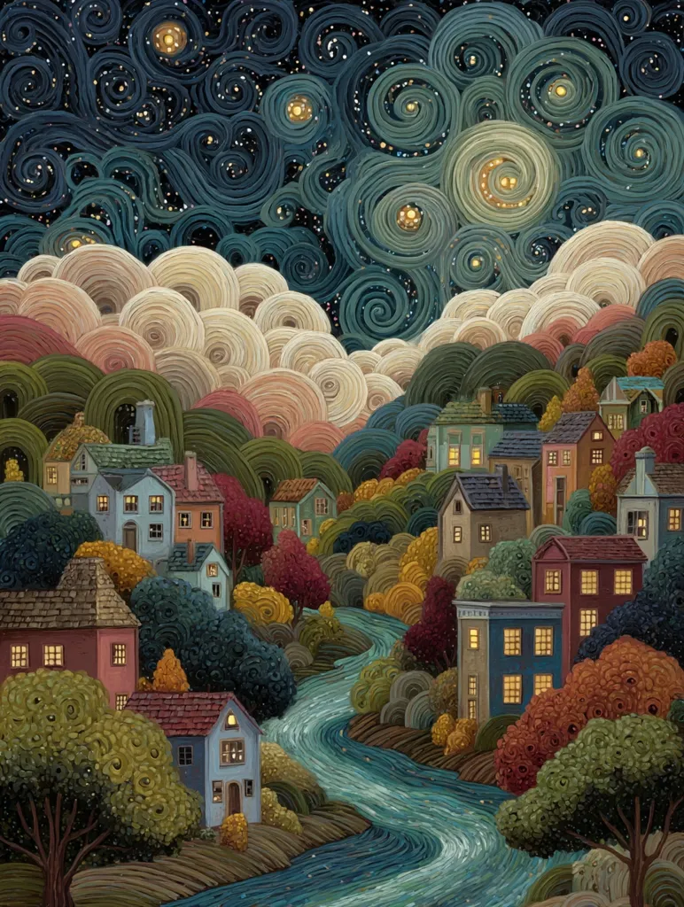 A whimsical village nestled in a valley under a swirling, star-filled night sky.  The houses, painted in muted autumnal tones, are nestled amongst textured, stylized trees. A meandering river flows through the heart of the scene, its path mirroring the celestial swirls above.  The overall style is reminiscent of folk art, with a dreamlike, almost surreal quality.