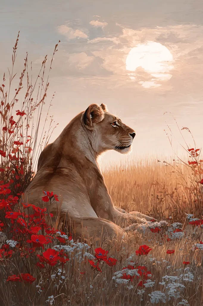 A lioness rests in a field of wildflowers at sunset.  The warm light illuminates her tawny coat, contrasting with the vibrant red poppies and muted greens of the surrounding grasses.  The sun, a large, pale orb, hangs low in the sky, casting a peaceful glow over the scene. The lioness gazes pensively into the distance, creating a serene and majestic image.