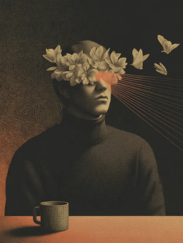 A stylized illustration depicts a person with flowers obscuring their eyes, emanating rays of light.  Moths flutter nearby.  The figure, wearing a dark turtleneck, sits at a table with a mug. The background features a textured, dark pattern. The overall mood is surreal and contemplative, suggesting inner vision or a dreamlike state.  The color palette is muted, with warm browns and oranges dominating.