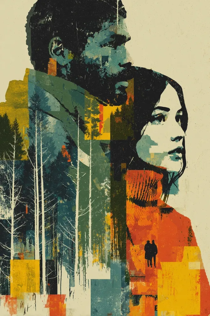 A stylized portrait of a man and woman, their bodies partially merged with a wintry forest scene.  Bold, abstract color blocks and brushstrokes create a textured, collage-like effect. The man's dark silhouette rests behind the woman, her face slightly visible, conveying intimacy and a sense of shared experience.  A small, distant figure of a couple adds to the theme of partnership.  The overall mood is melancholic yet hopeful.