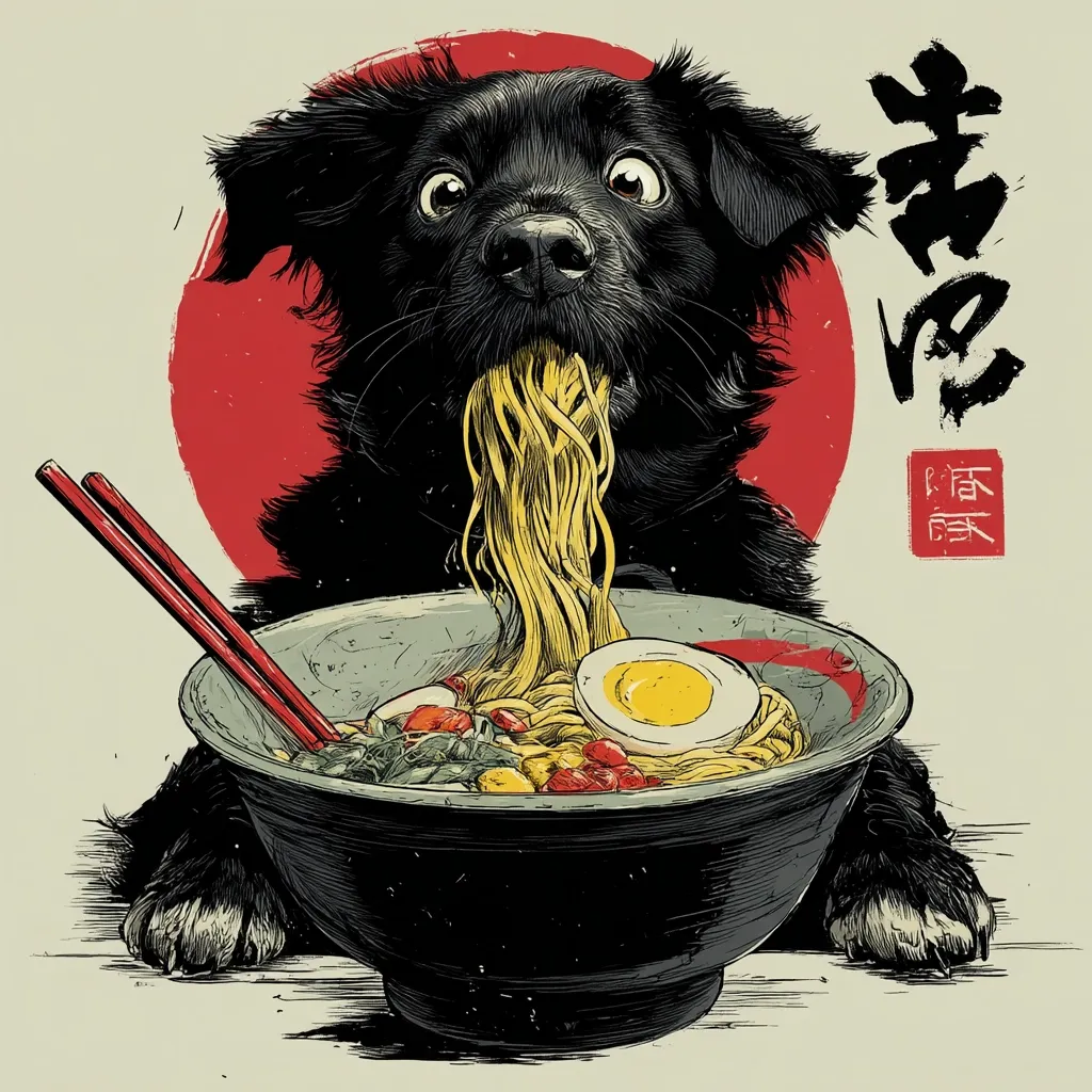 A stylized illustration depicts a black dog enthusiastically consuming a bowl of ramen.  The dog's wide eyes and messy eating convey a humorous and endearing scene.  The ramen is depicted with detail, including a soft-boiled egg and chopsticks.  A red sun behind the dog and Japanese characters add to the artistic composition, creating a playful, graphic aesthetic.