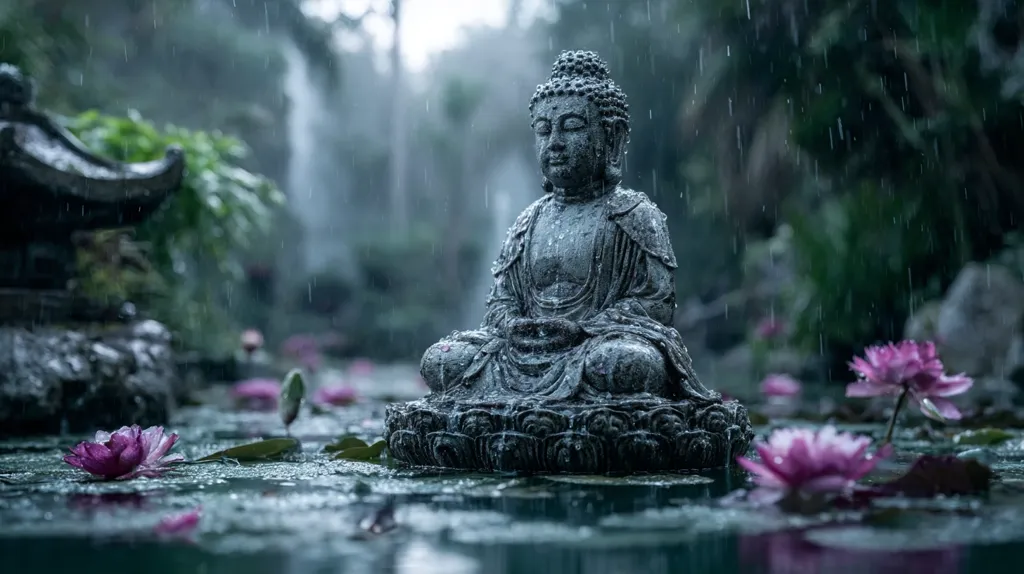 A serene stone Buddha statue sits in a lotus-filled pond during a gentle rain.  Water droplets cling to the statue's weathered surface.  The background is softly blurred, showing lush greenery and a partially visible stone structure.  The scene evokes tranquility and peace, reflecting the meditative nature of Buddhism.  Purple lotus blossoms surround the statue, adding to the tranquil ambiance.