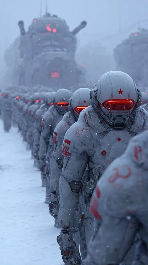 A long line of futuristic soldiers in white, snow-covered armor stands in a snowy landscape.  Their helmets feature red visors and a red star emblem, suggesting a militaristic, possibly communist, affiliation.  Large, armored vehicles loom in the background, shrouded in a blizzard.  The scene evokes a cold, harsh, and potentially dystopian future.
