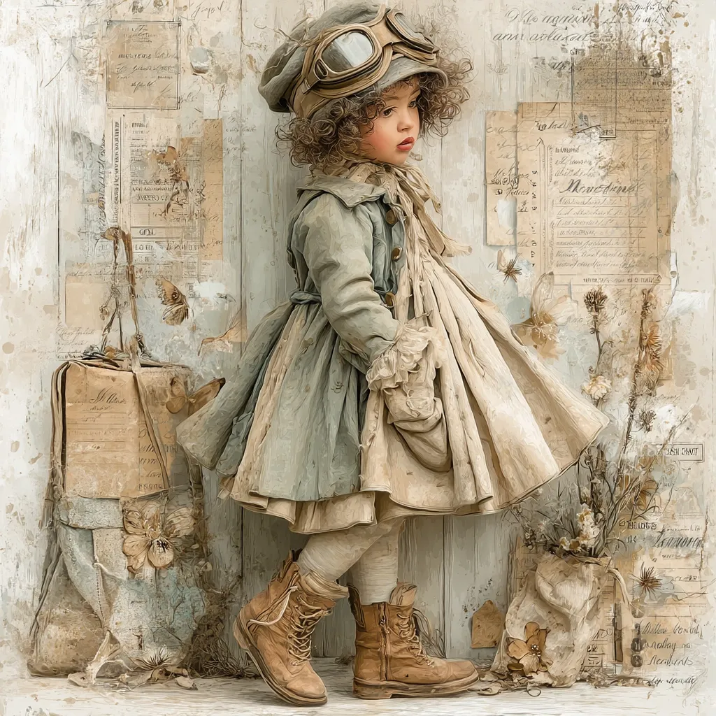 A young girl, dressed in a charming vintage-style outfit, stands against a rustic background adorned with aged papers and floral accents.  She wears a blue coat, a floppy hat with goggles, and brown boots. A worn suitcase sits beside her, adding to the nostalgic ambiance of the scene. The overall style is reminiscent of whimsical, antique children's photography.