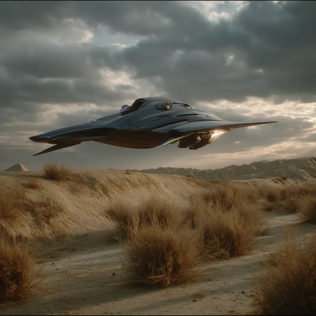 A sleek, dark-colored futuristic aircraft hovers silently above a desolate, sandy landscape.  The low-flying craft has a distinctive, angular design.  Dry, scrubby vegetation dots the foreground, contrasting with the dramatic, overcast sky.  The scene evokes a sense of isolation and technological advancement in a remote, arid environment.